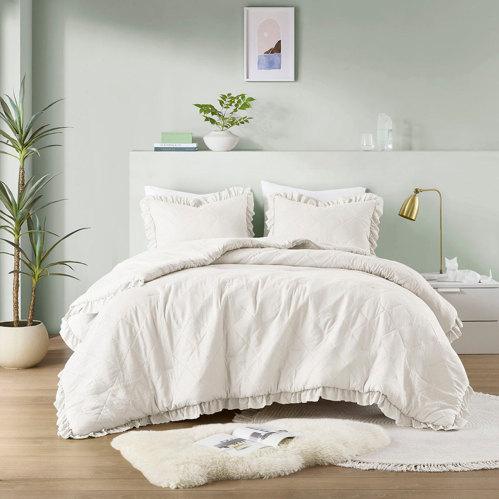 Phoebe - Full/Queen Diamond Quilted Ruffle Edge Comforter Set - Ivory