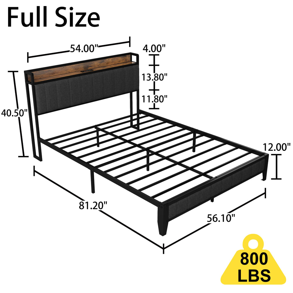 Bed With Charging Station, American Design Upholstered Headboard, Metal Platform