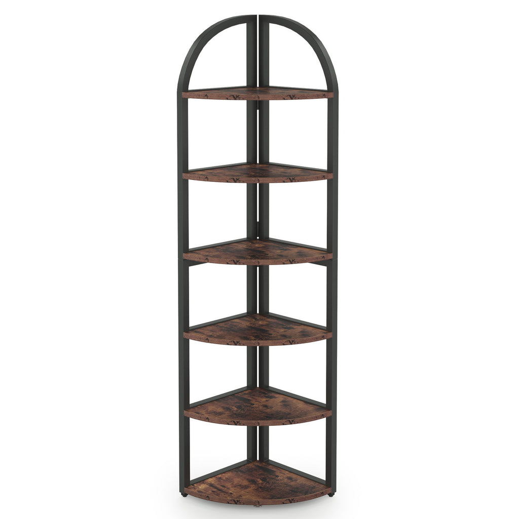 Tall 6 Tier Corner Shelf, Freestanding Bookshelf For Living Room - Rustic Brown
