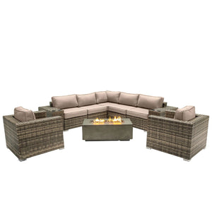 Rattan Wicker Patio Set With Cushions And Concrete Fire Pit