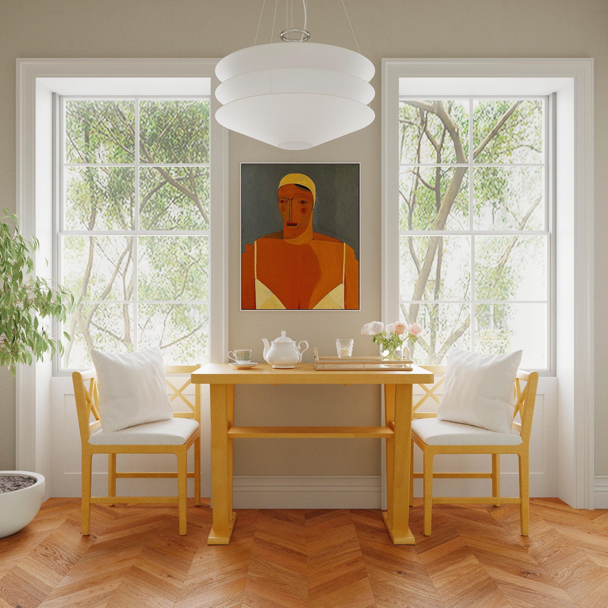 Farmhouse Modern Dining Corner Chairs (Set of 2) With Handwoven Rattan Backrests And Solid Wood Legs - Natural / White