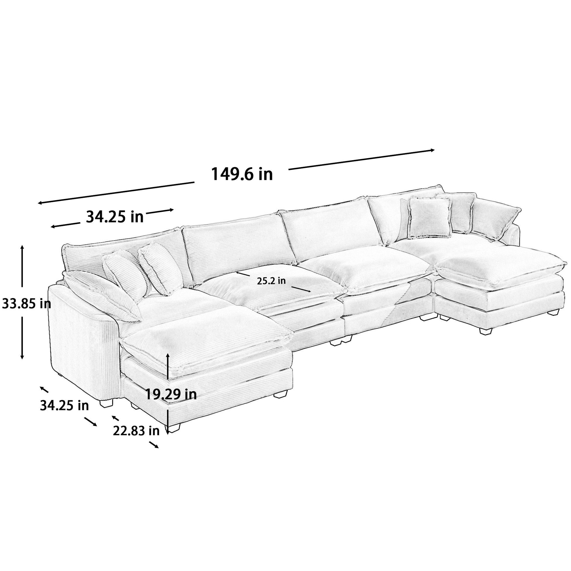 Modern Oversized Modular Cushion Sofa With Ottoman, Low Back, Deep Seating Sofa Set