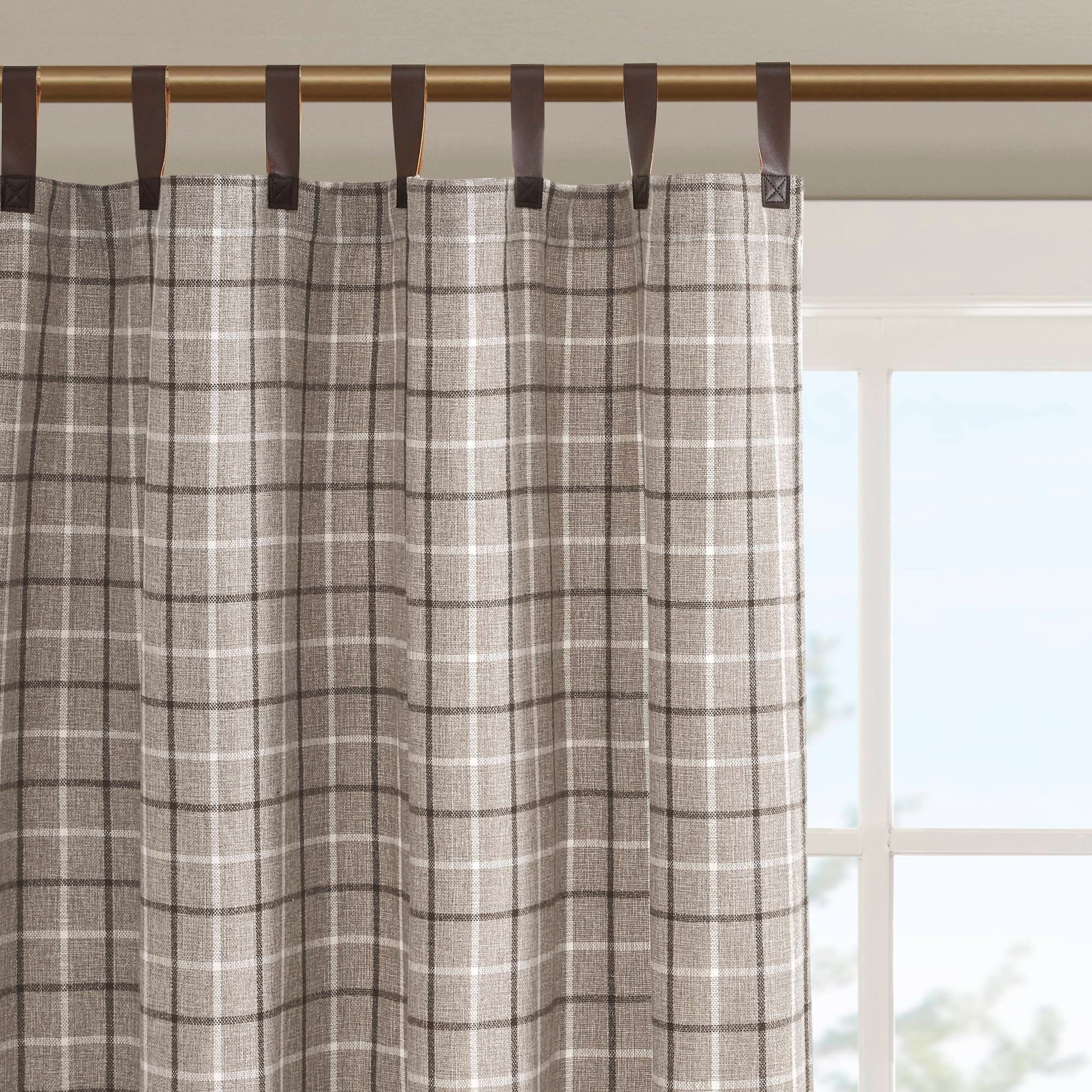 Anaheim - 50"x 95" Plaid Faux Leather Tab Top Curtain Panel With Fleece Lining - Brown