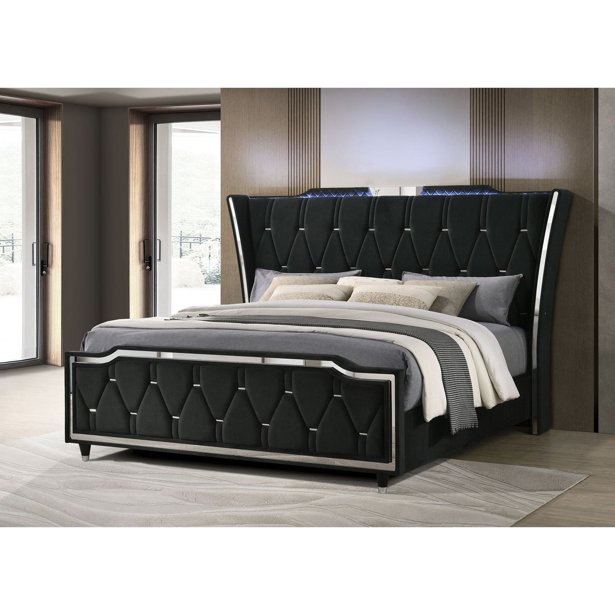 Mika - LED Upholstered Bed With Tufted Wingback Headboard And Ambient Lighting