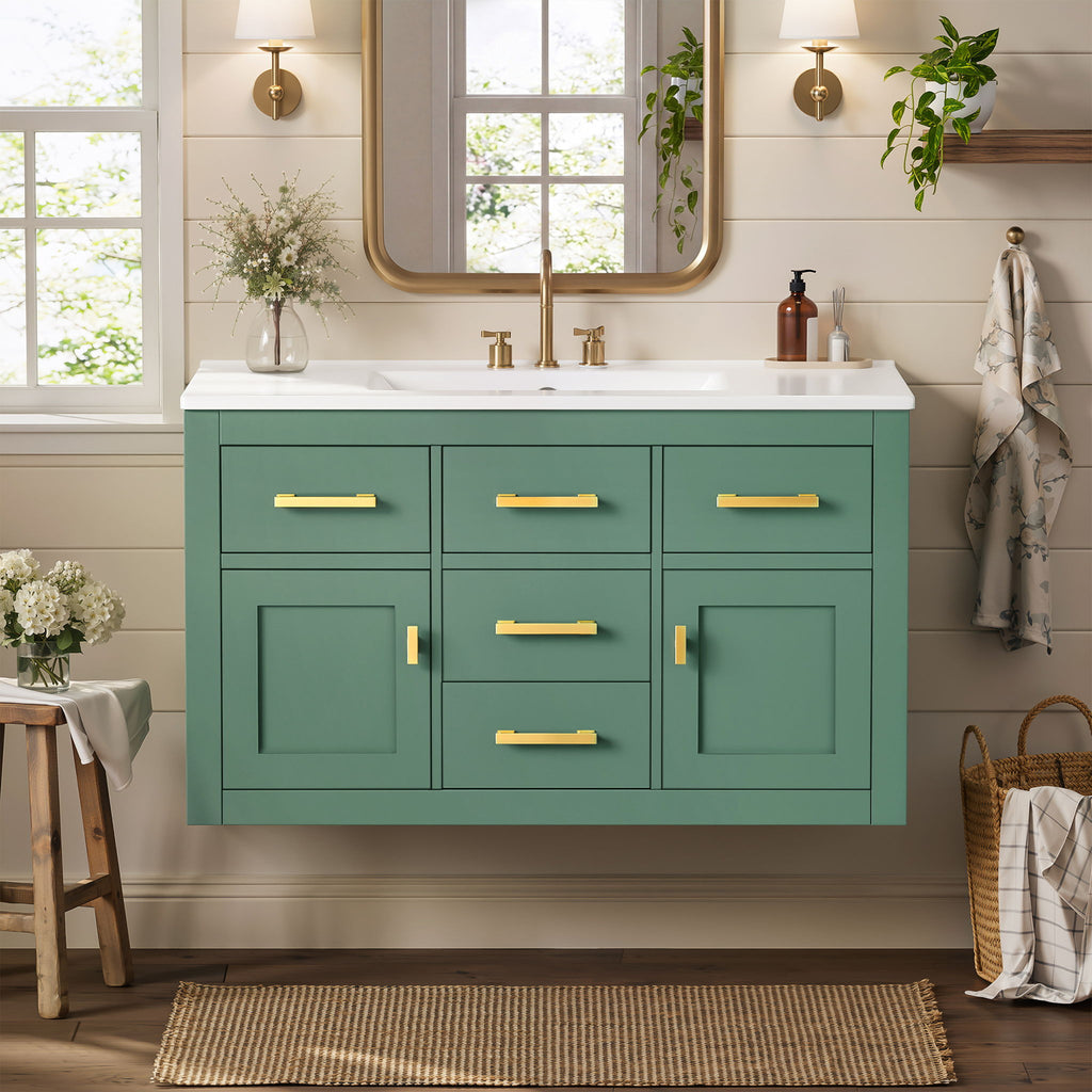 Wall Mounted Bathroom Cabinet With Sink, Multiple Drawers And Doors - Green