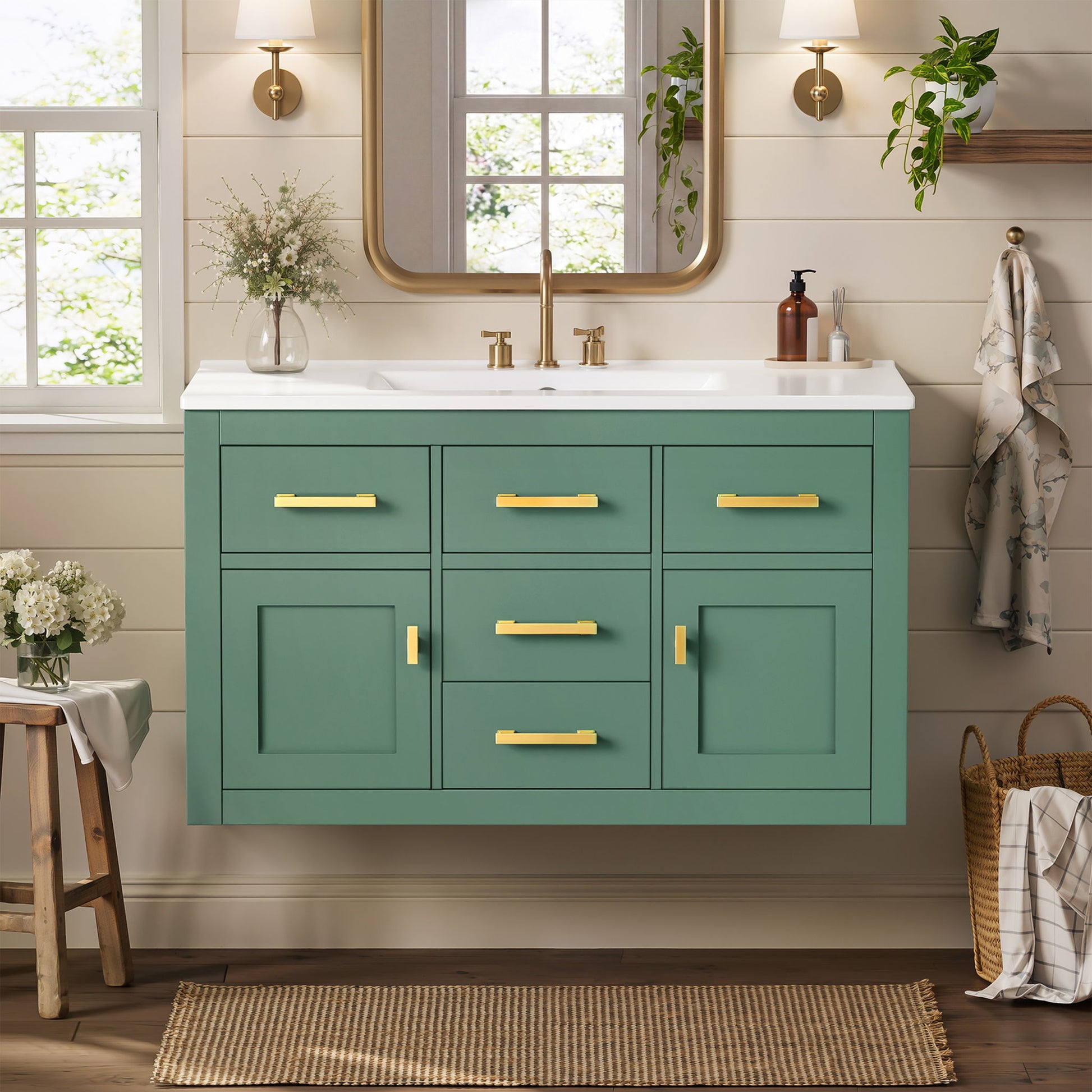 Wall Mounted Bathroom Cabinet With Sink, Multiple Drawers And Doors - Green