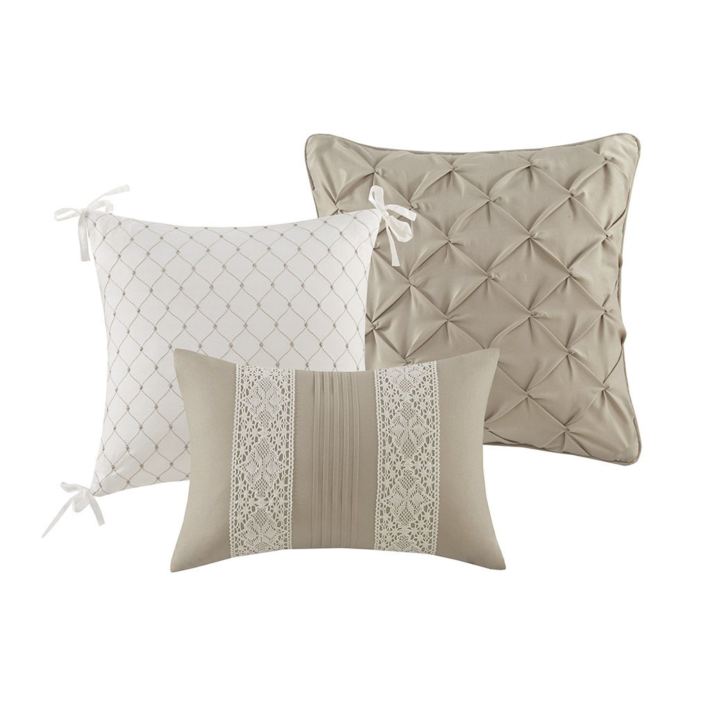 Lacey - 7 Piece Lace Trim Comforter Set With Throw Pillows - Beige