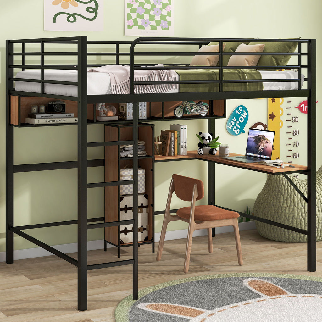 Full Size & Loft Bed With L-Shaped Desk And Shelves - Black