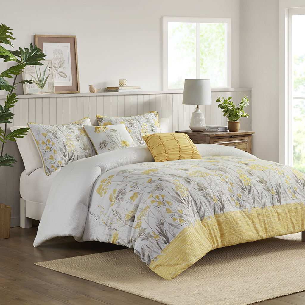 Prairie - 5 Piece Seersucker Comforter Set With Throw Pillows - Yellow / Gray