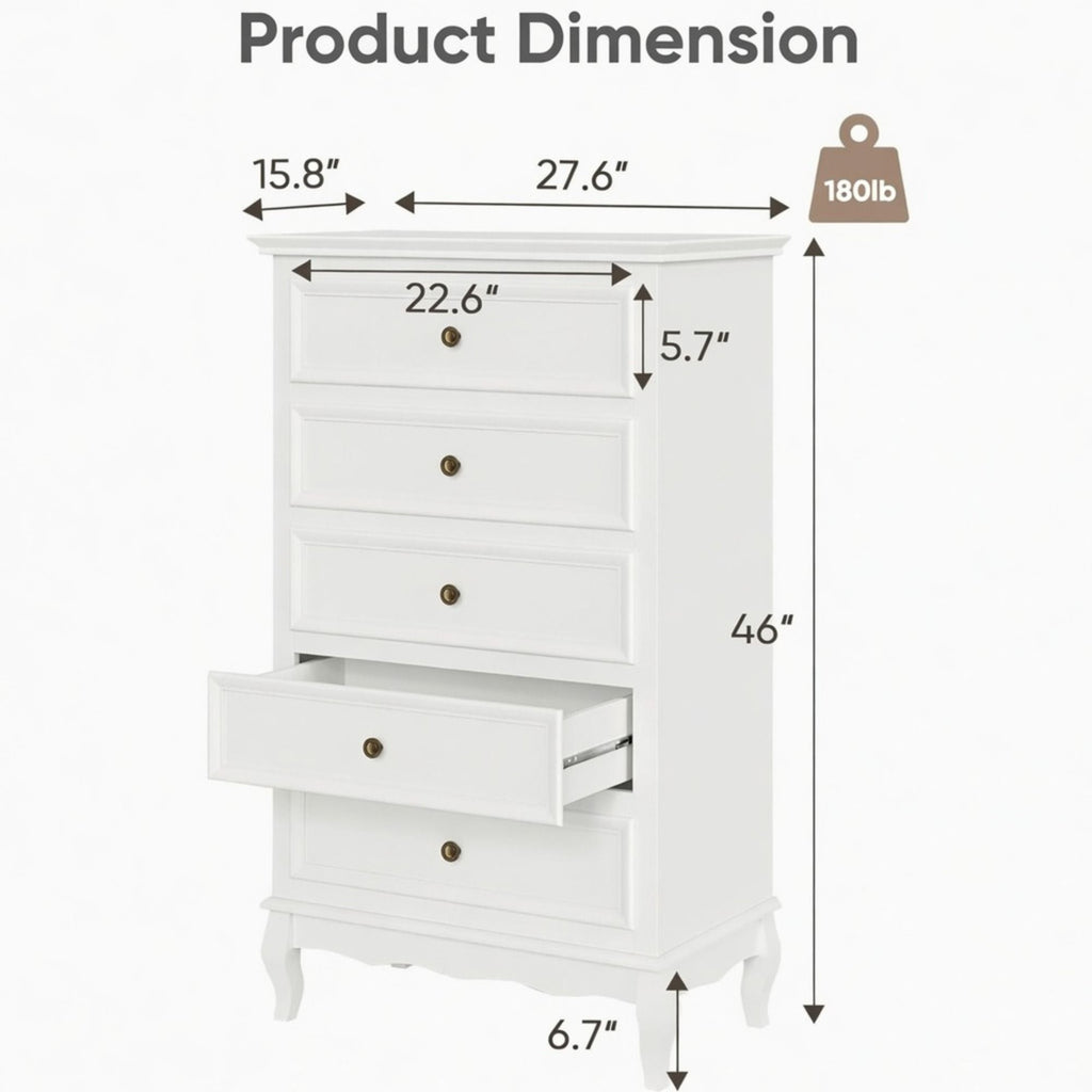 5 Drawer Tall Wide Chest Of Drawers - White