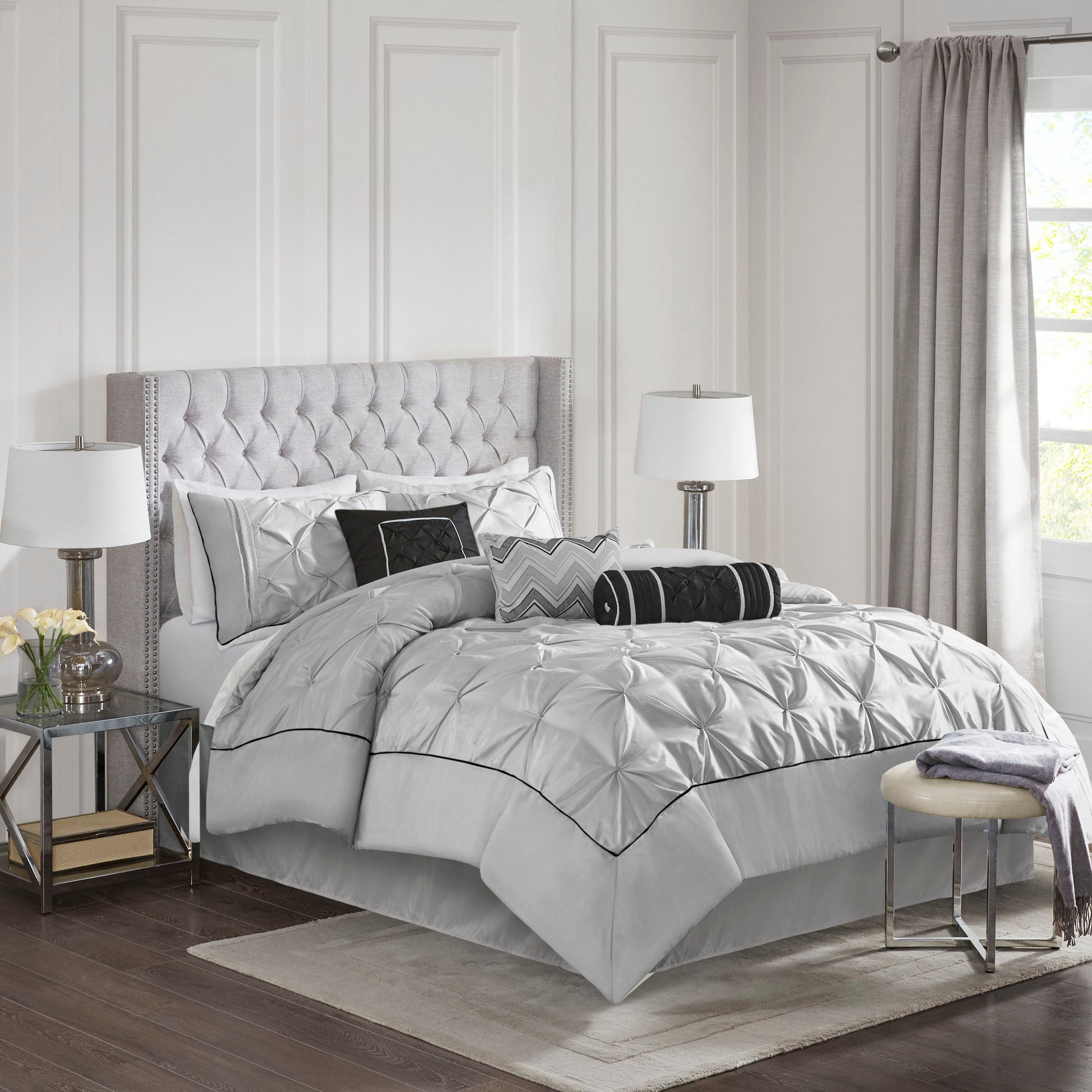 Laurel - King Pieced Pleated 7 Piece Tufted Comforter Set - Gray