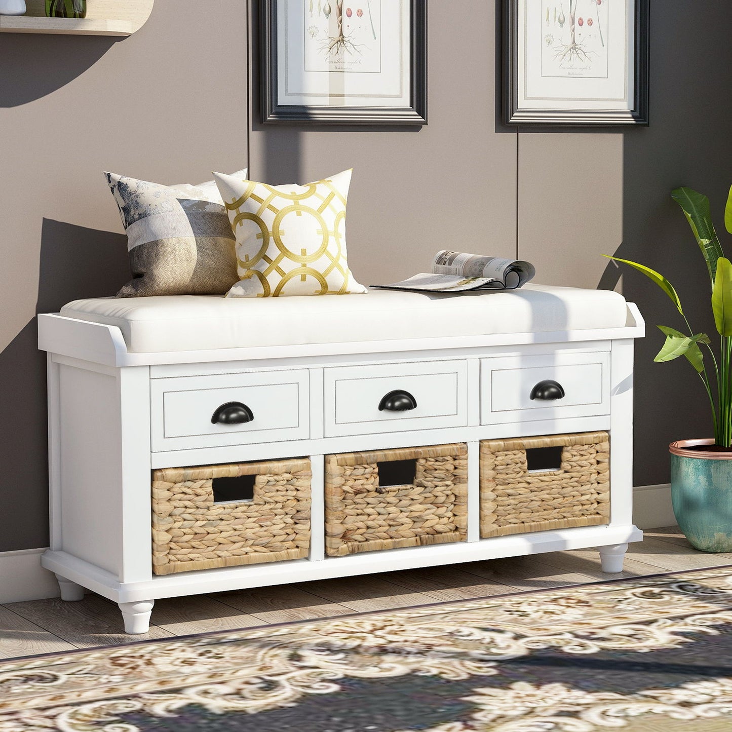 Gewnee - Rustic Drawers Storage Bench With Baskets - White