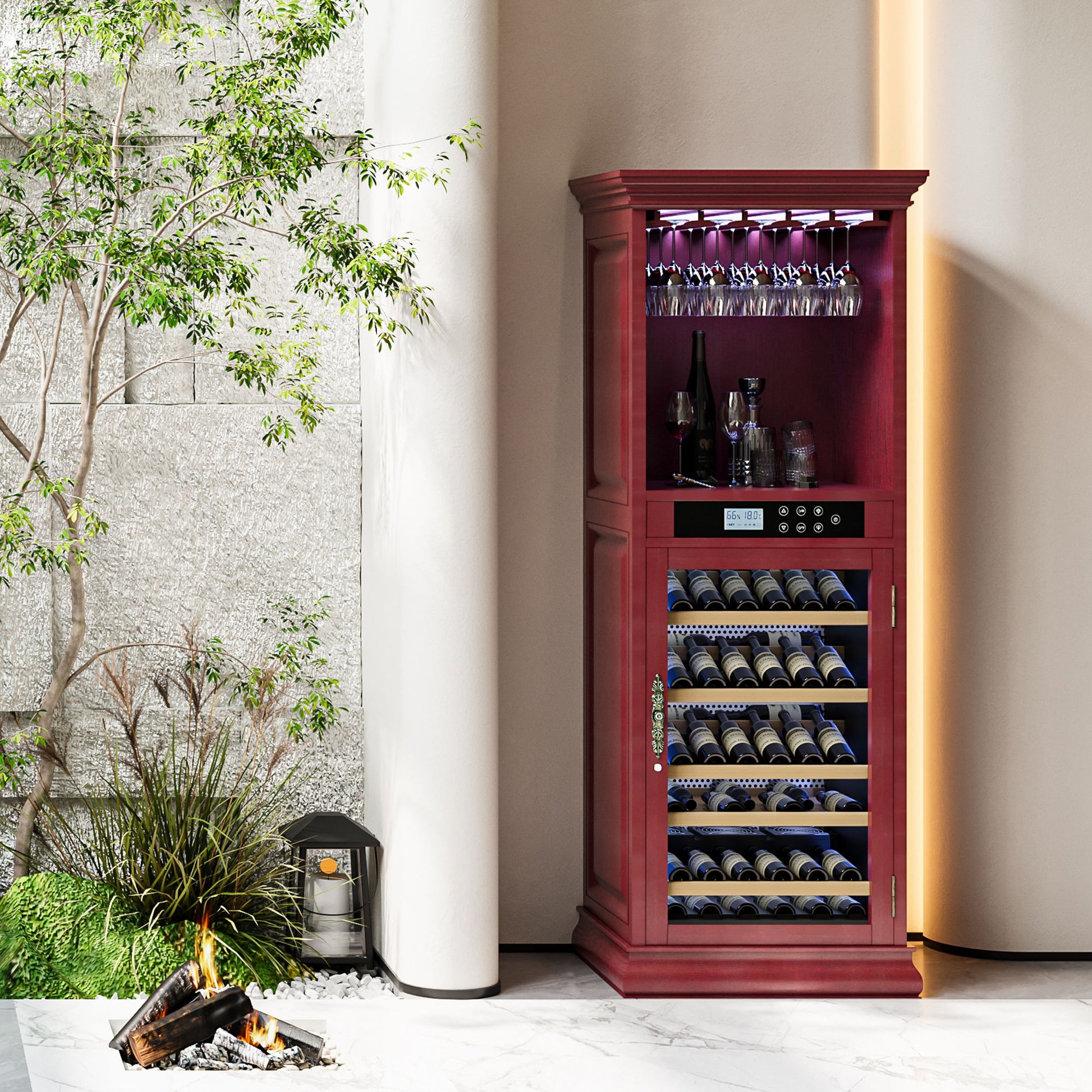 Single Zone Wine Cooler With Tempered Glass Door LED Lighting, 56 Bottle Capacity, Touch Screen Control - Cherry