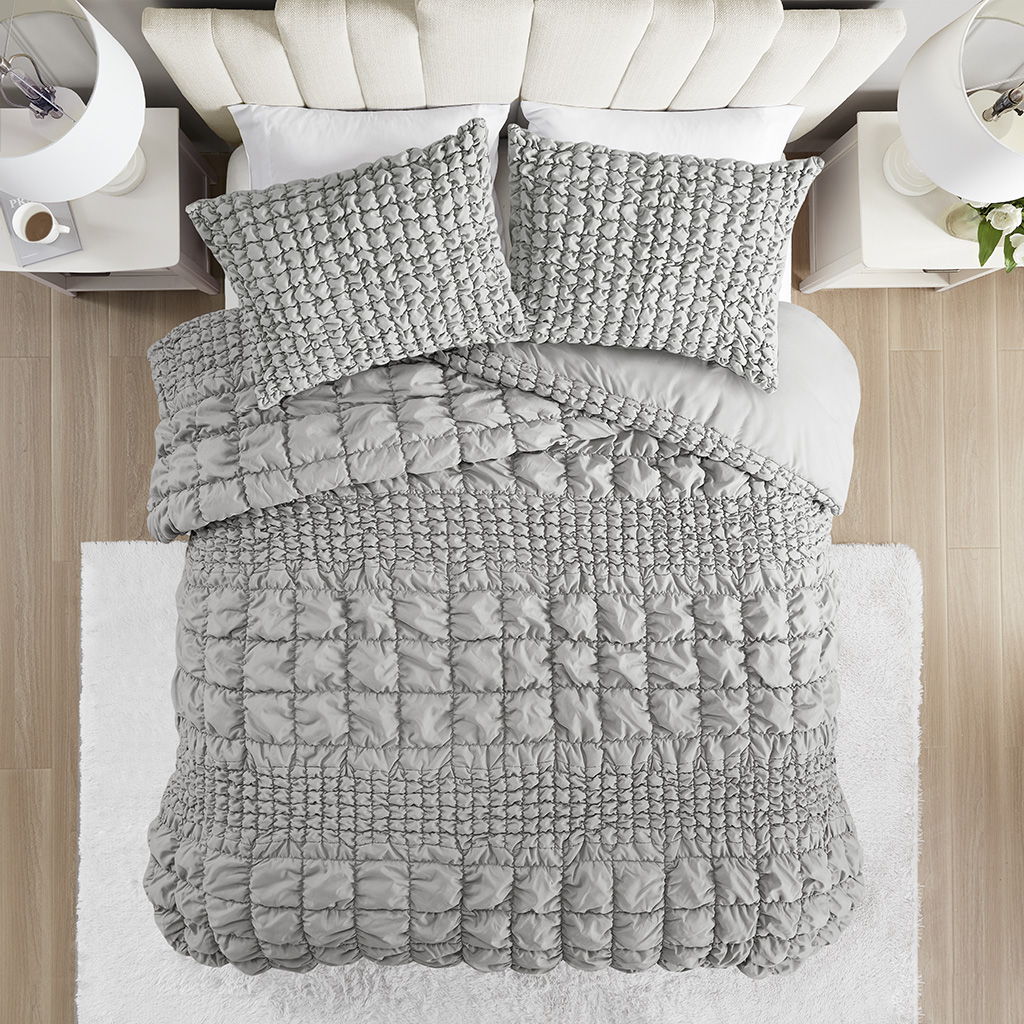 Evelyn - 3 Piece Stripe Ruched Comforter Set - Gray