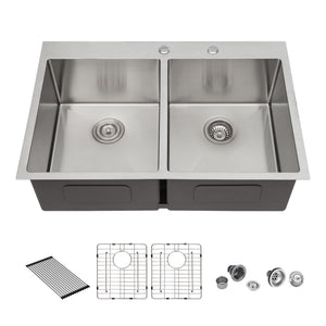 Modern Farmhouse Double Bowl Drop In Sink With 50 / 50 Split Design Stainless Steel - Brushed Nickel