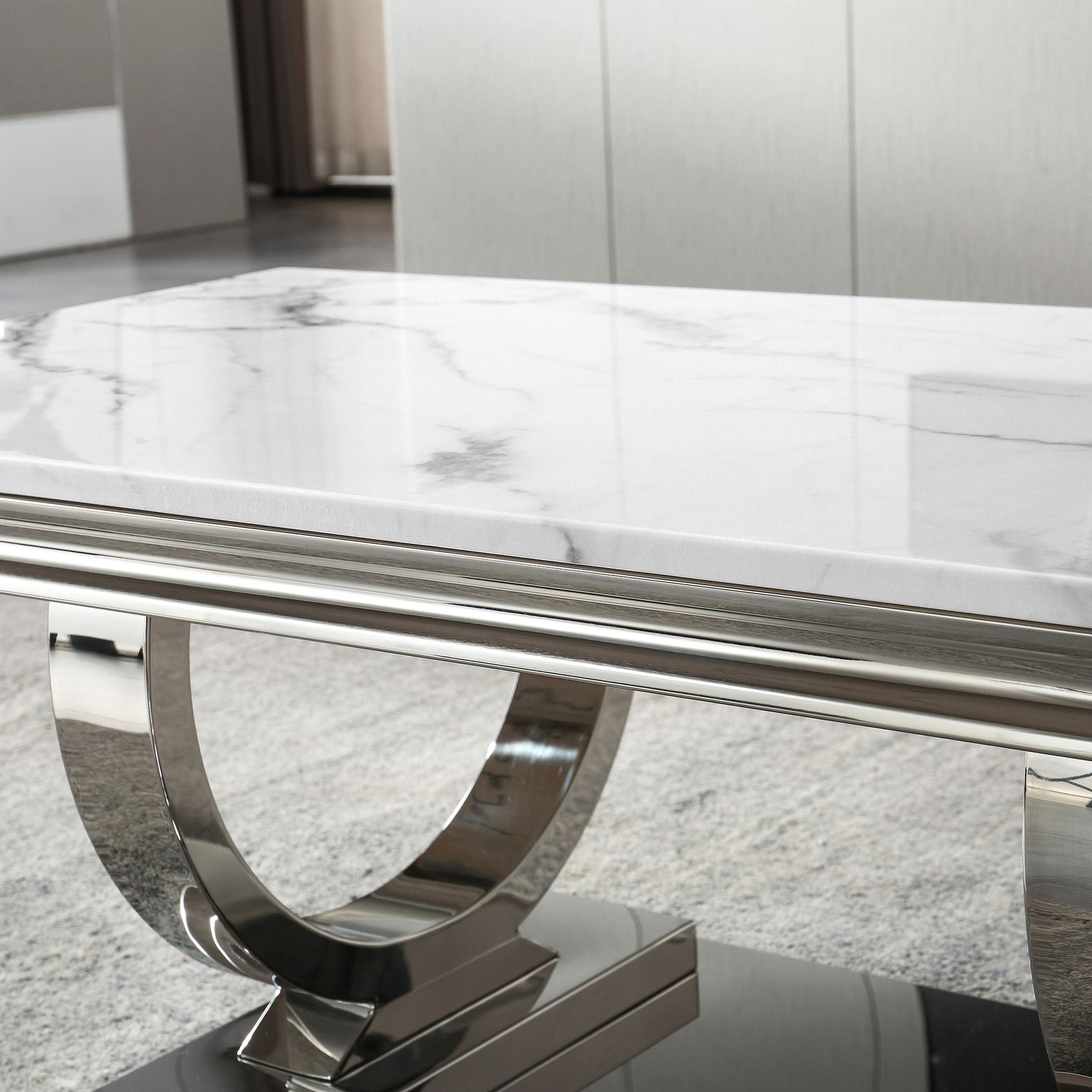 Modern Rectangular Marble Printing Coffee Table, U-Shape Stainless Steel Base With Mirrored Finish