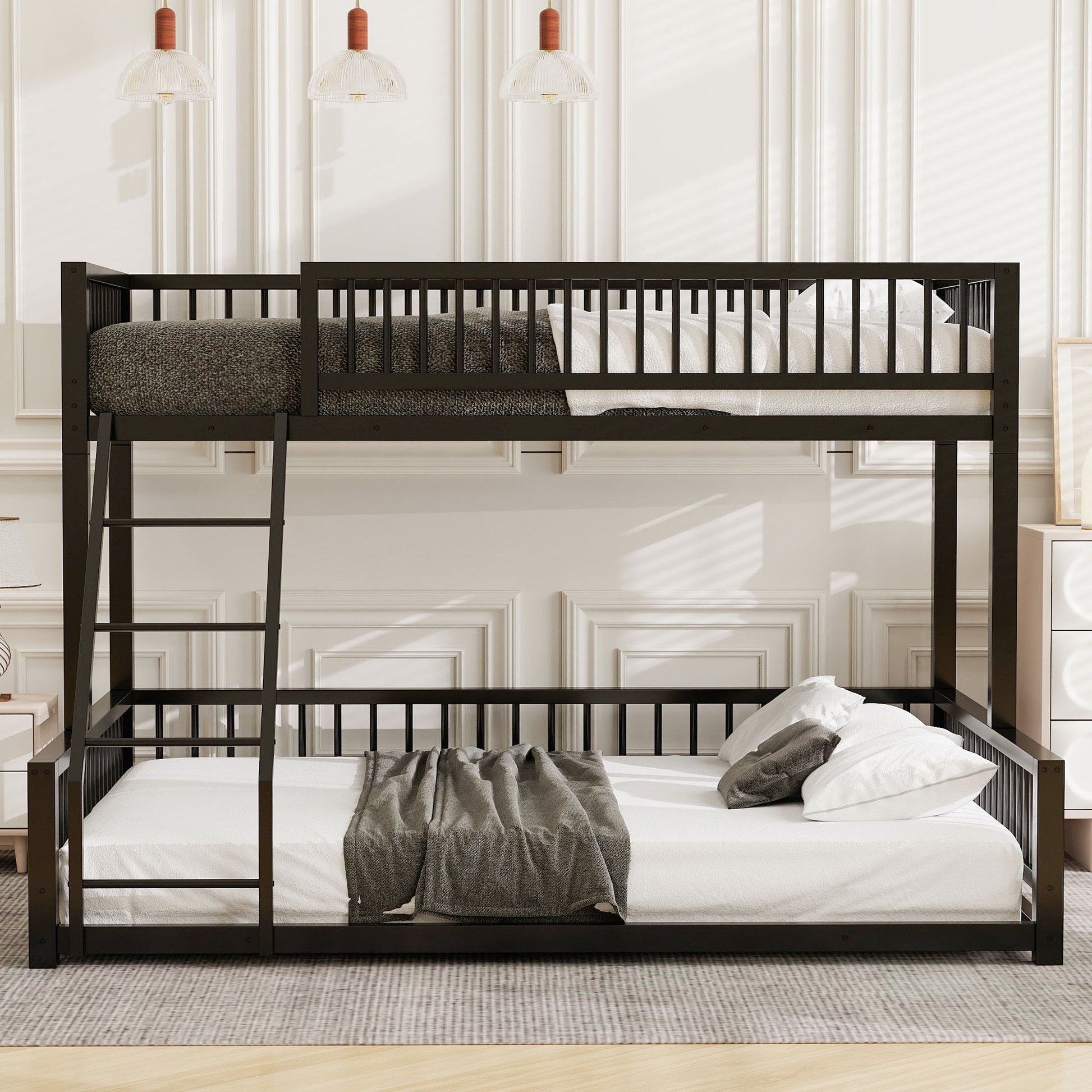 Bunk Bed Frame With Ladder And Safety Guardrails