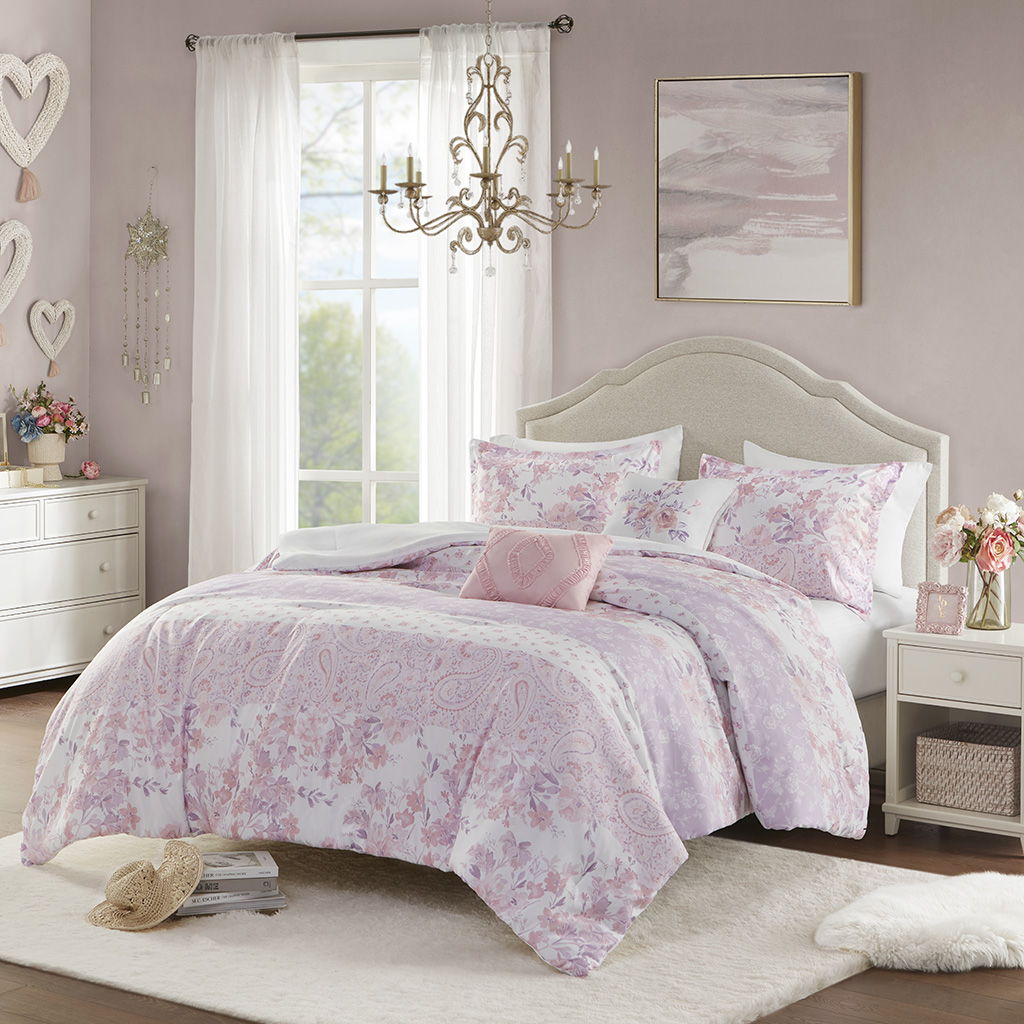 Oliena - Floral Paisley Twin Comforter Set - Pink