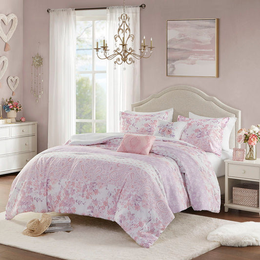 Oliena - Floral Paisley Twin Comforter Set - Pink