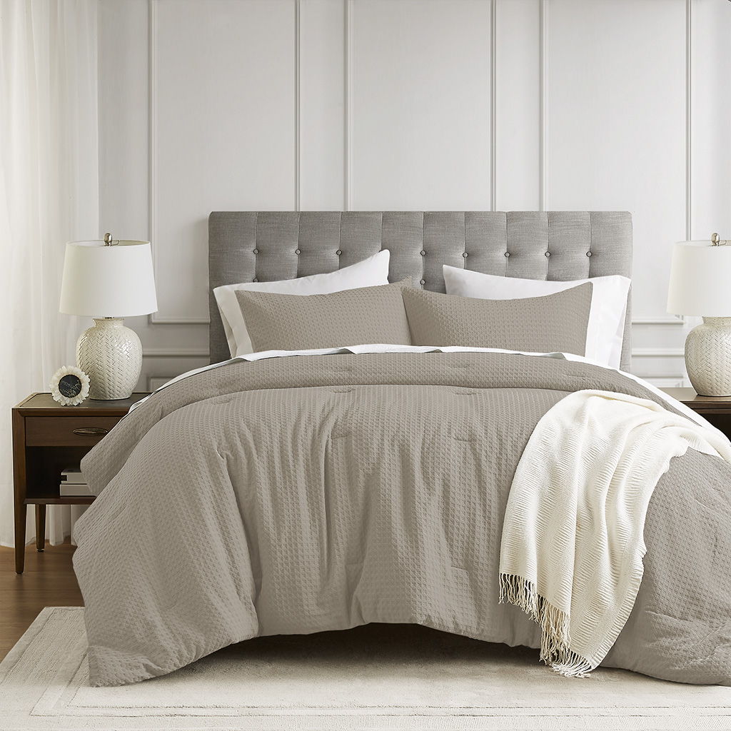 Mina - Twin/Twin Long Waffle Weave Textured Comforter Set - Neutral