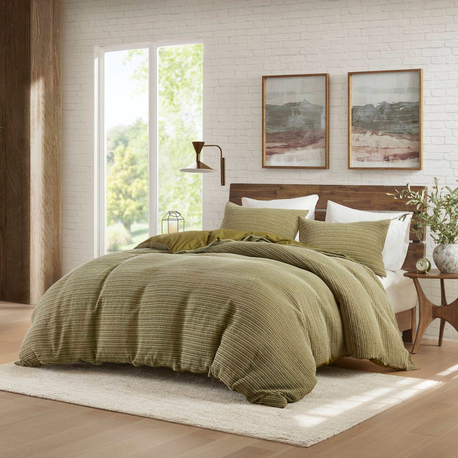 Lyon - 3 Piece Full/Queen Waffle Washed Duvet Set - Green
