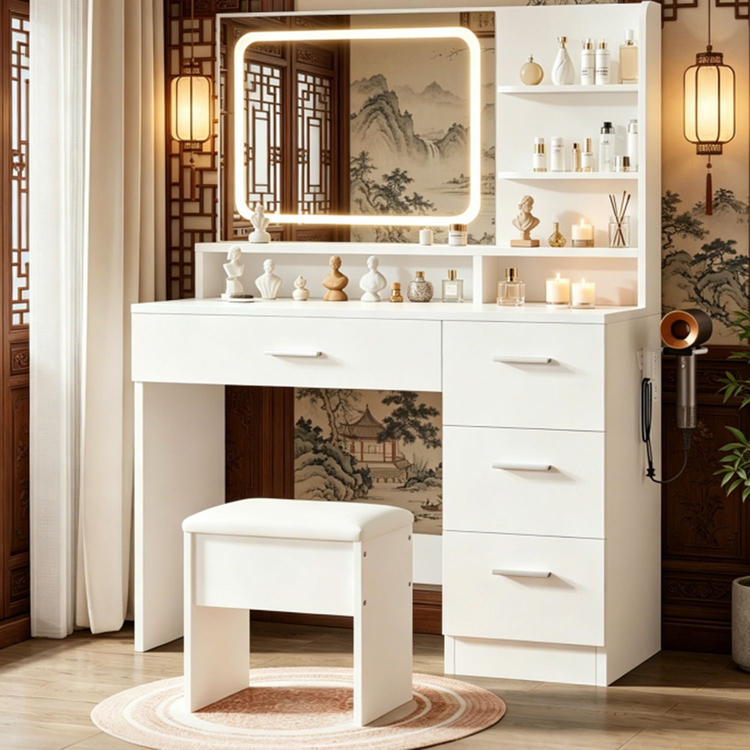 Vanity With LED Mirror And Storage Drawers For Bedrooms - Cream White