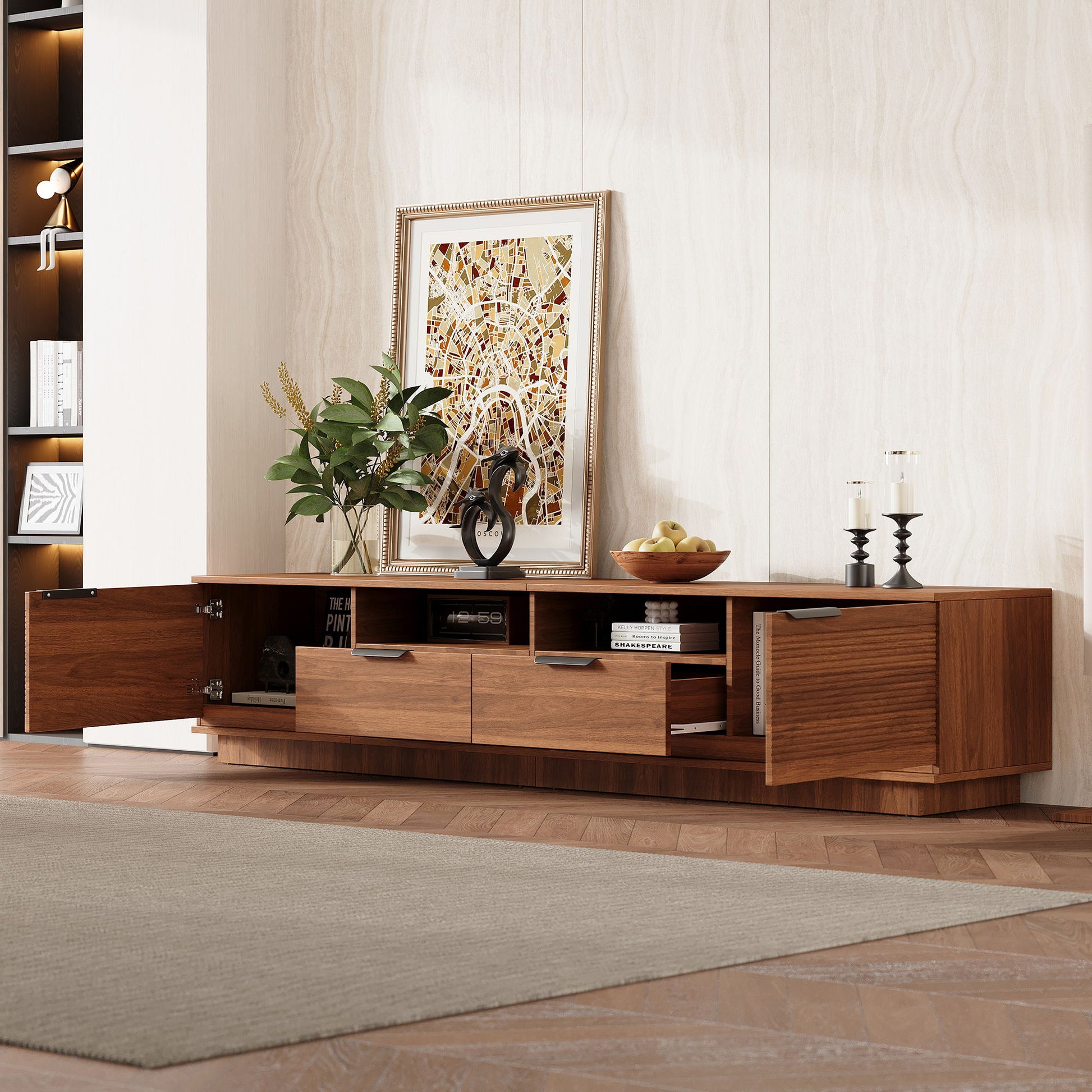 TV Stand, Entertainment Center With Deep Drawers, Cable Management & Soft Closing Hinges