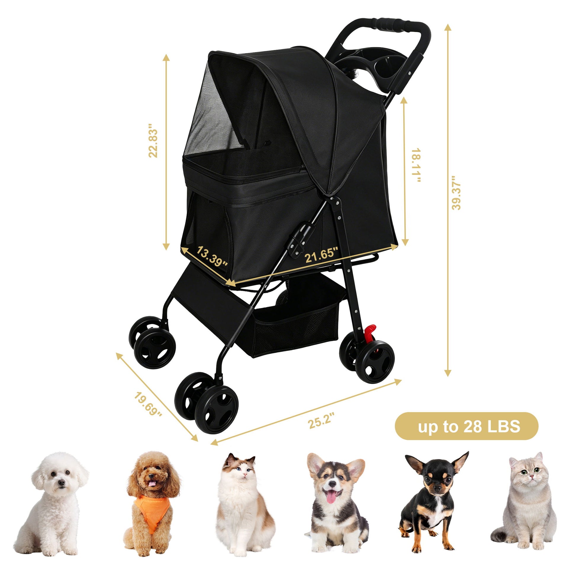 Foldable Pet Stroller For Small Dogs And Cats With Multi Functional Tray