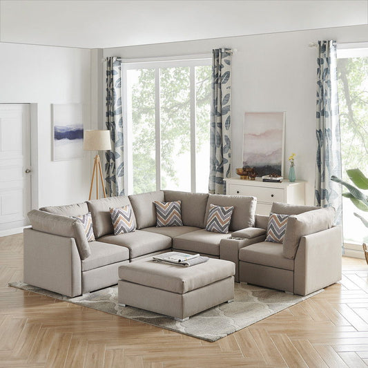 Amira - Fabric Reversible Sectional Sofa With USB Console And Ottoman