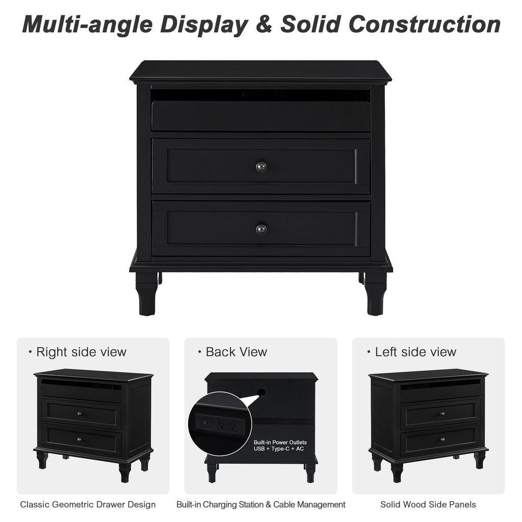 Nightstand With Charging Station, 3 Drawer Storage Table