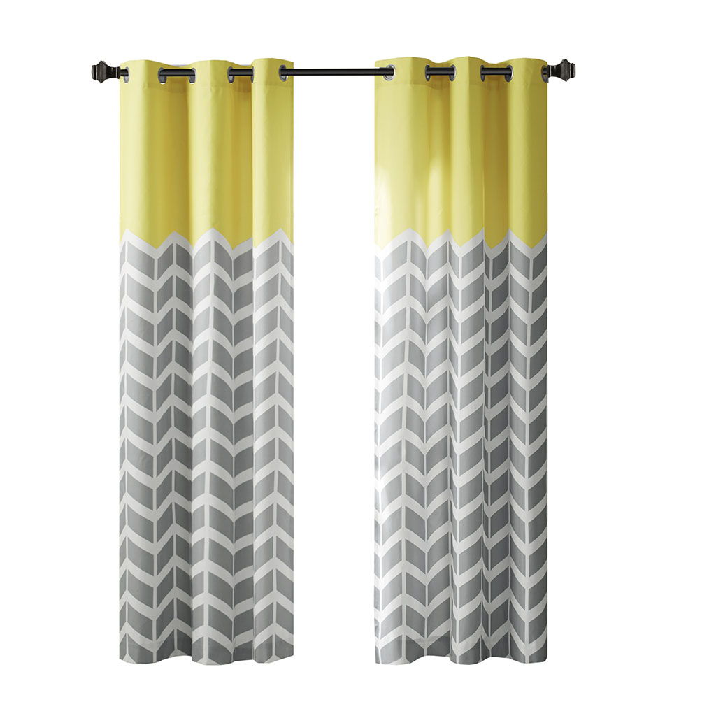 Alex - Chevron Printed Room Darkening Grommet Top Panel Pair - Yellow