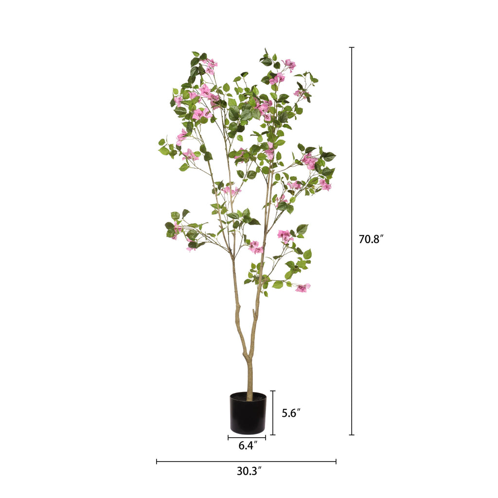 Artificial Bougainvillea Tree With Pot, Realistic Faux Flowering Plant Leaves And Blooms, Decor For Home Office - Green Leaves / Pink
