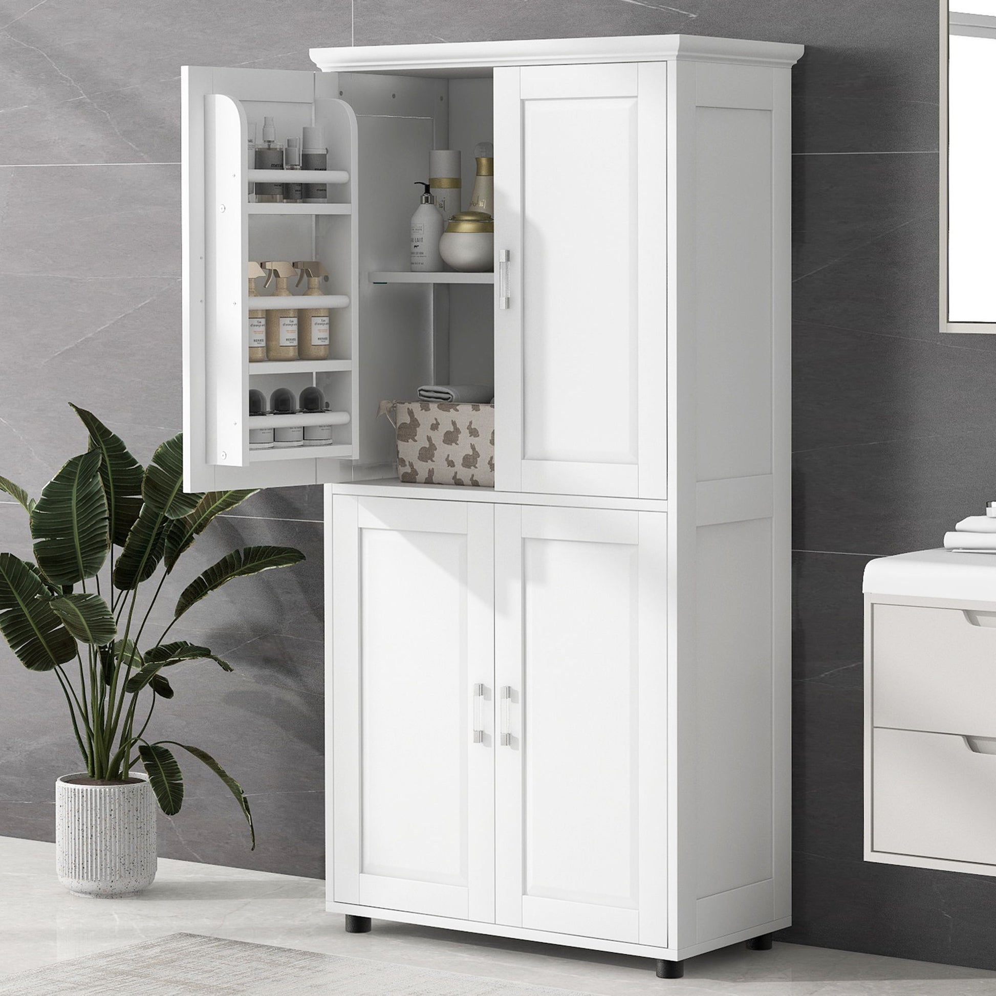 Tall And Wide Bathroom Floor Storage Cabinet With 4 Doors, Adjustable Shelves - White