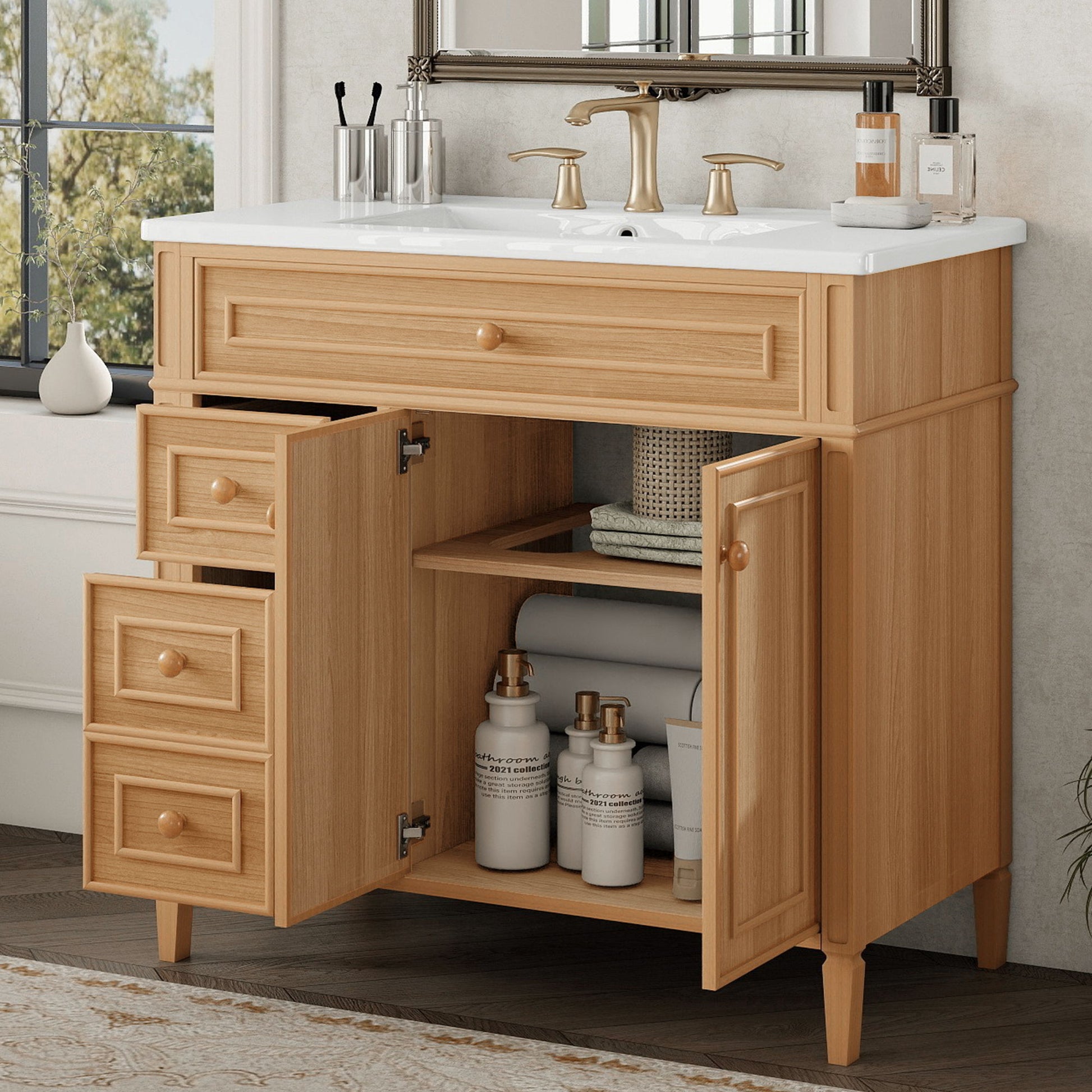 Bathroom Vanity With Sink, 3 Drawers & 2 Doors