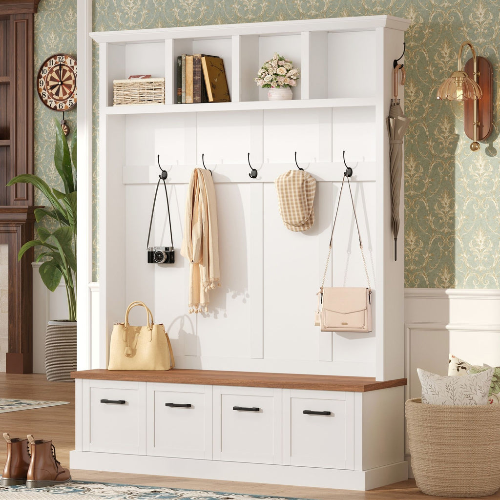 Hall Tree With Storage Bench Mudroom Coat Rack With 6 Hooks