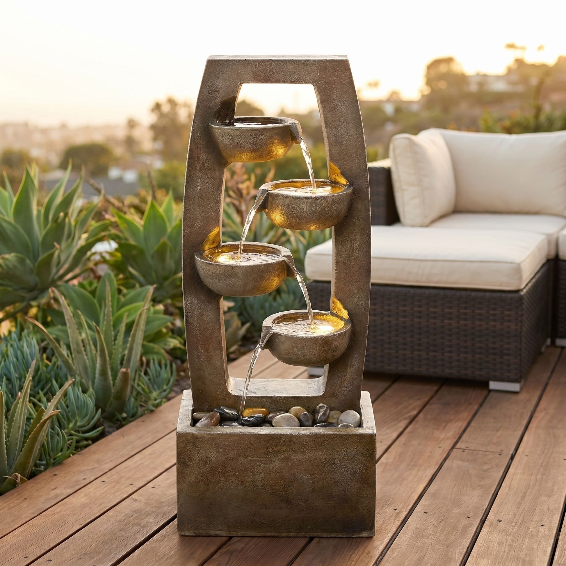 Outdoor Water Fountain With Warm LED Lights, 4 Tier Cascading Bowl For Patio - Brown