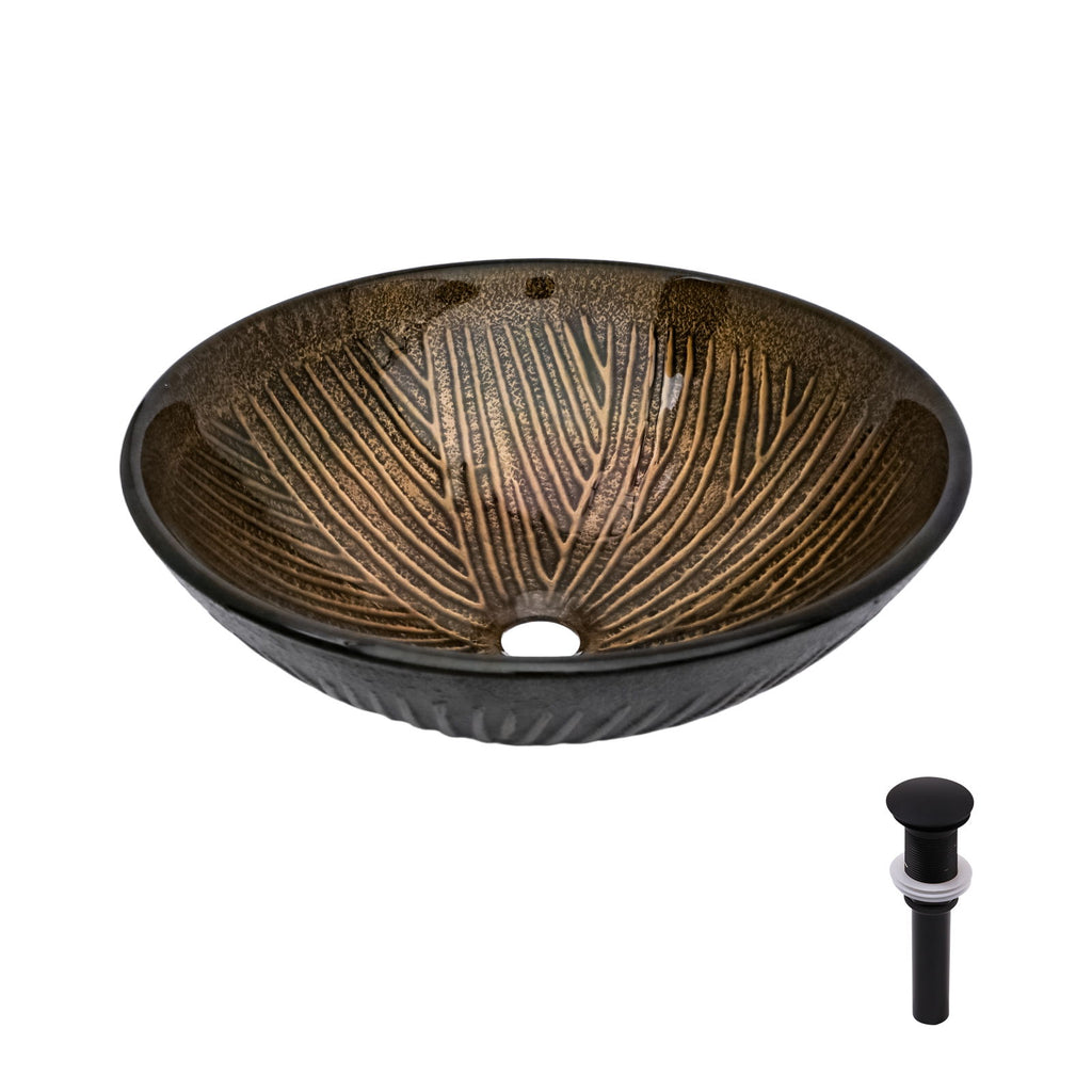 Feather Pattern Amber Vessel Sink With Pop Up Drain, Oval Bathroom Basin - Amber