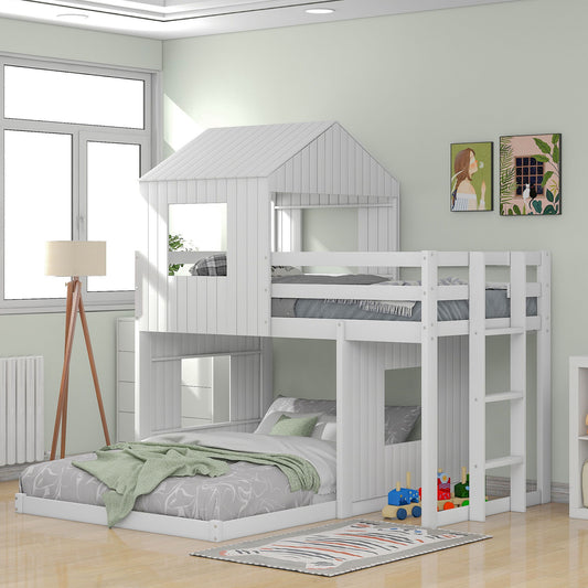 Wooden Twin Over Full Bunk Bed, Loft Bed With Playhouse, Farmhouse, Ladder And Guardrails - White