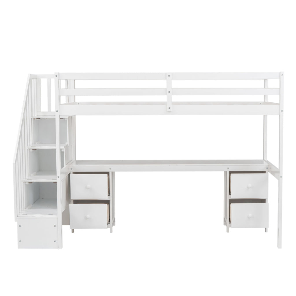 Loft Bed Frame With Built In Desk And Double Storage Drawers