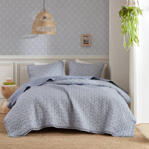 Linwood - Queen 3 Piece Ruffle Printed Quilt Set - Blue