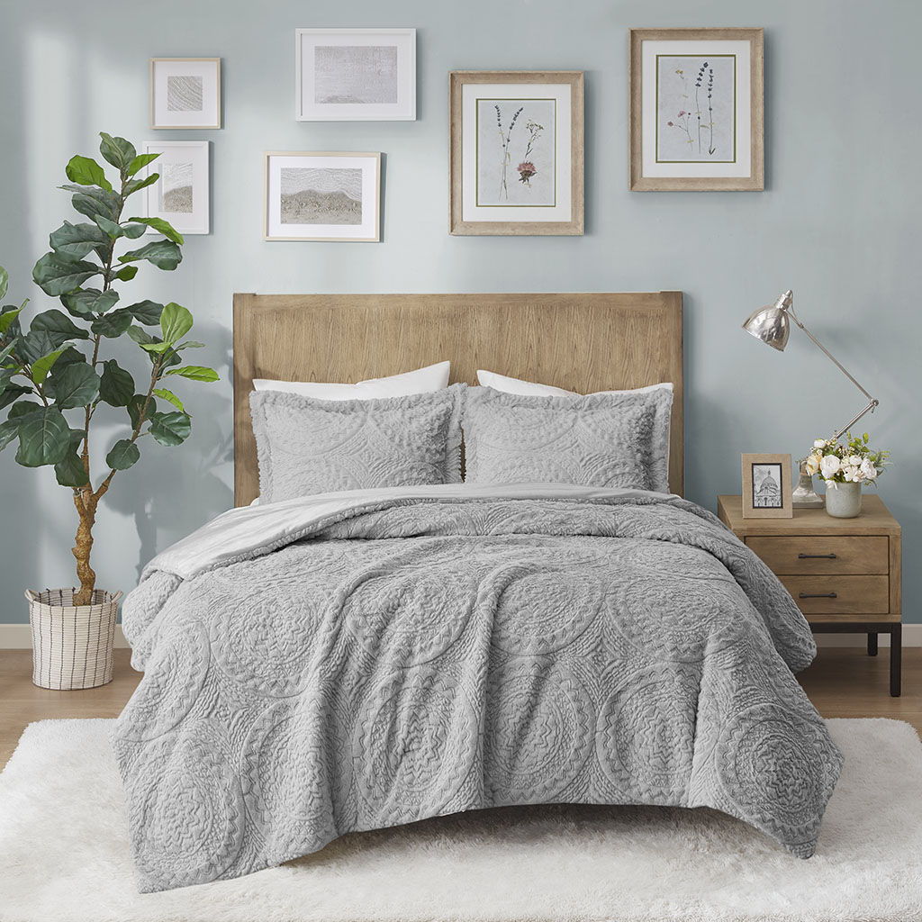 Arya - King Embroidered Medallion Ultra Comforter Mini Set - Gray