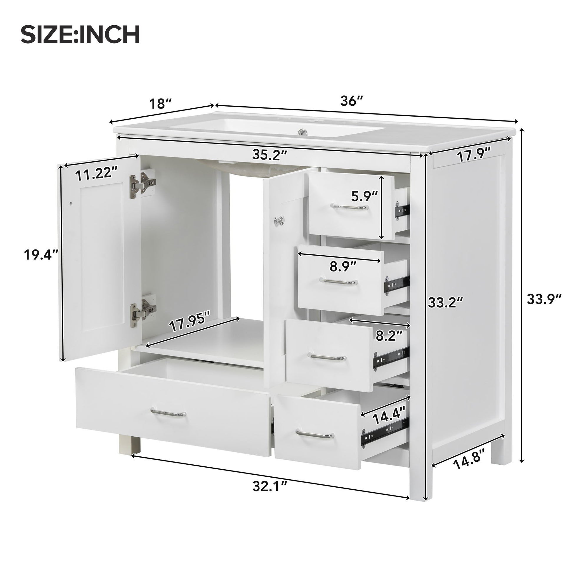 Bathroom Vanity With Ceramic Sink Combo, Abundant Storage Cabinet 2 Soft Close Doors And 5 Drawers