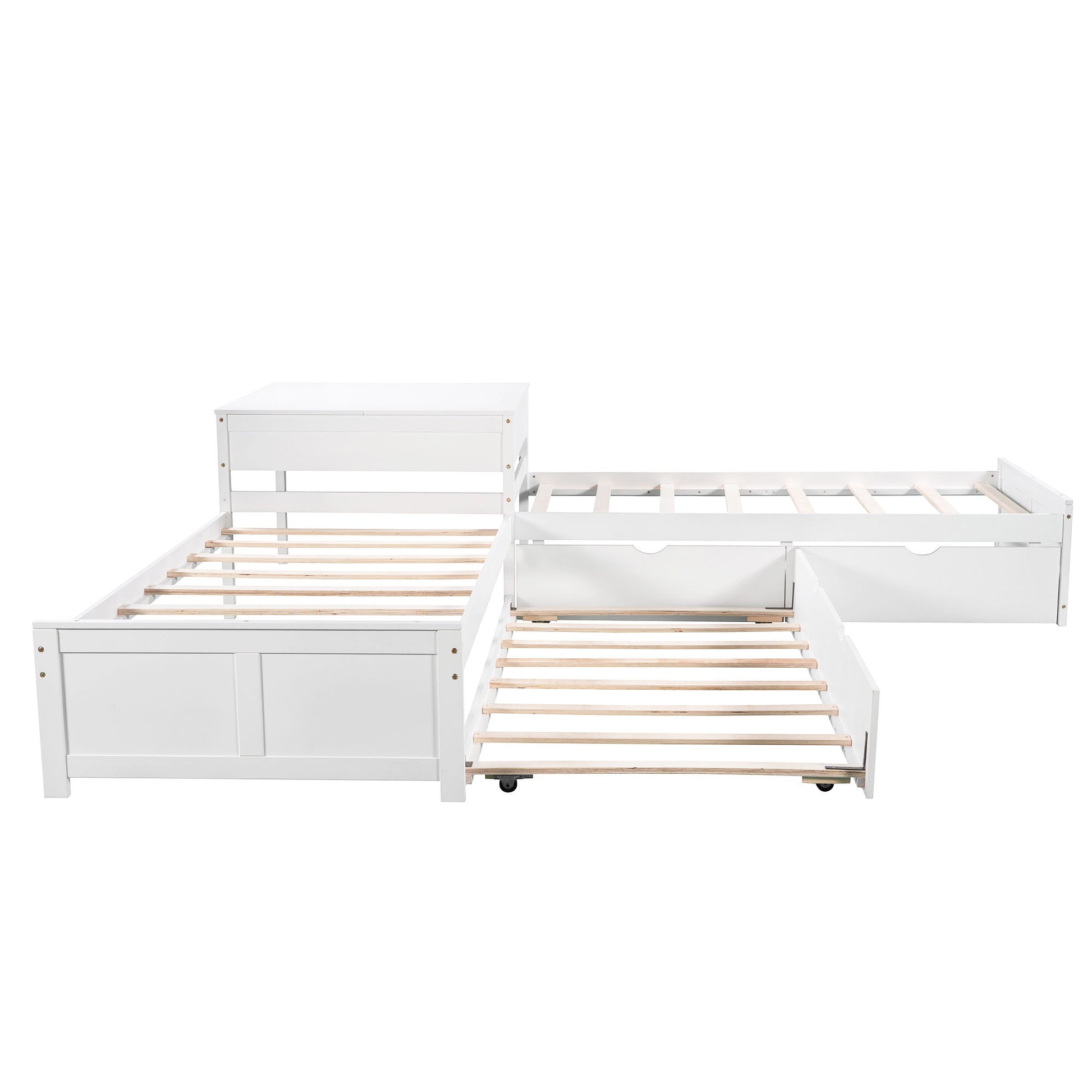 L Shaped Platform Bed With Trundle And Drawers Linked With Built In Desk