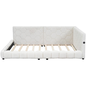 Upholstered Full Size Platform Bed With LED Belt And USB Ports - White