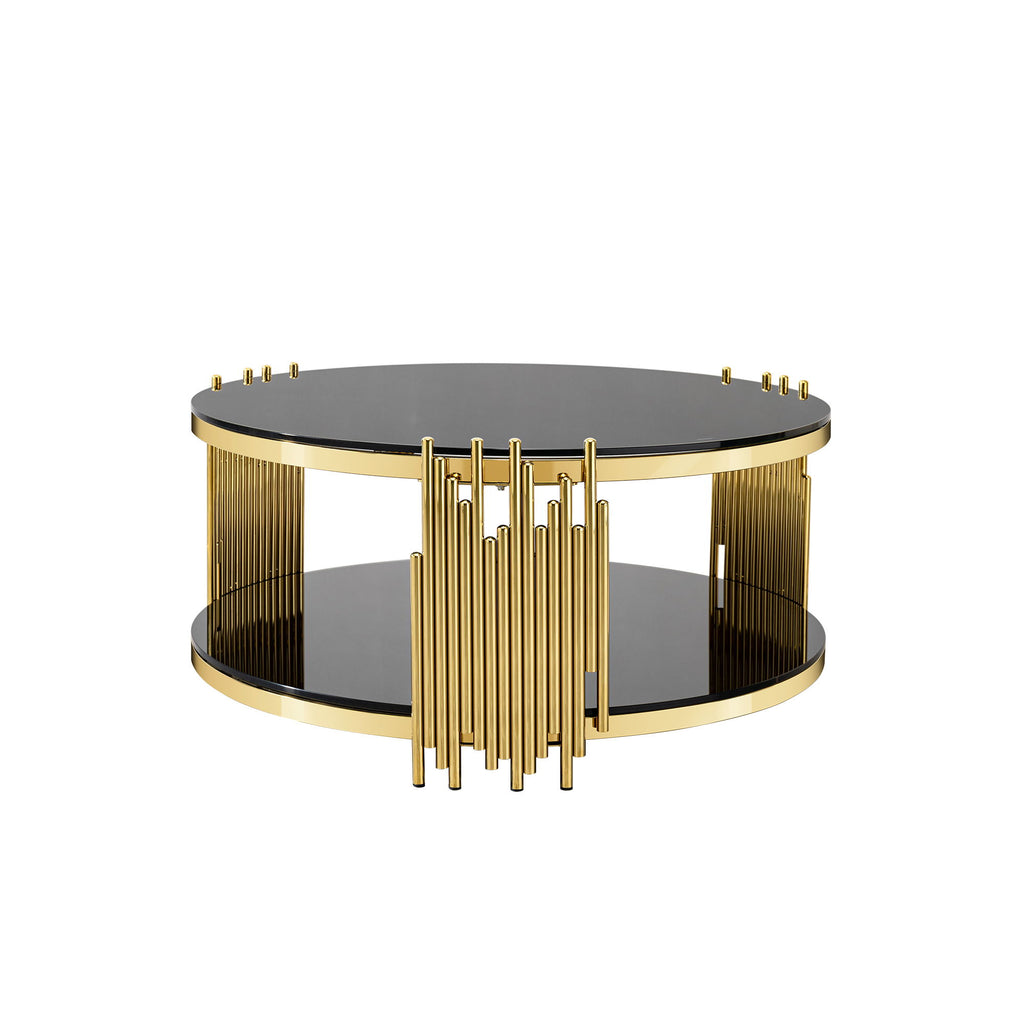 Elegant Round Table With Double Layer Tempered Glass Top And Stainless Steel Frame For Living Room
