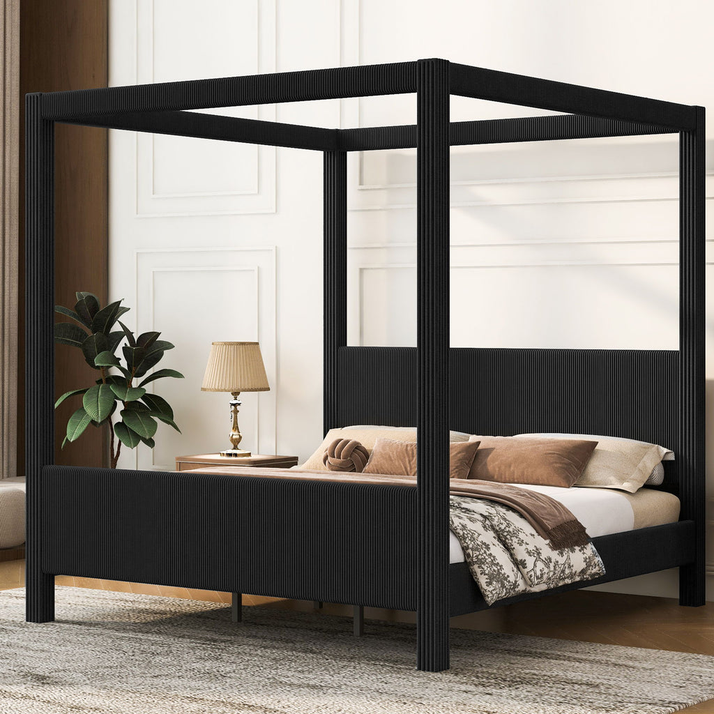 Upholstered Canopy Platform Bed With Headboard And Footboard, Vertical Ribbed Design