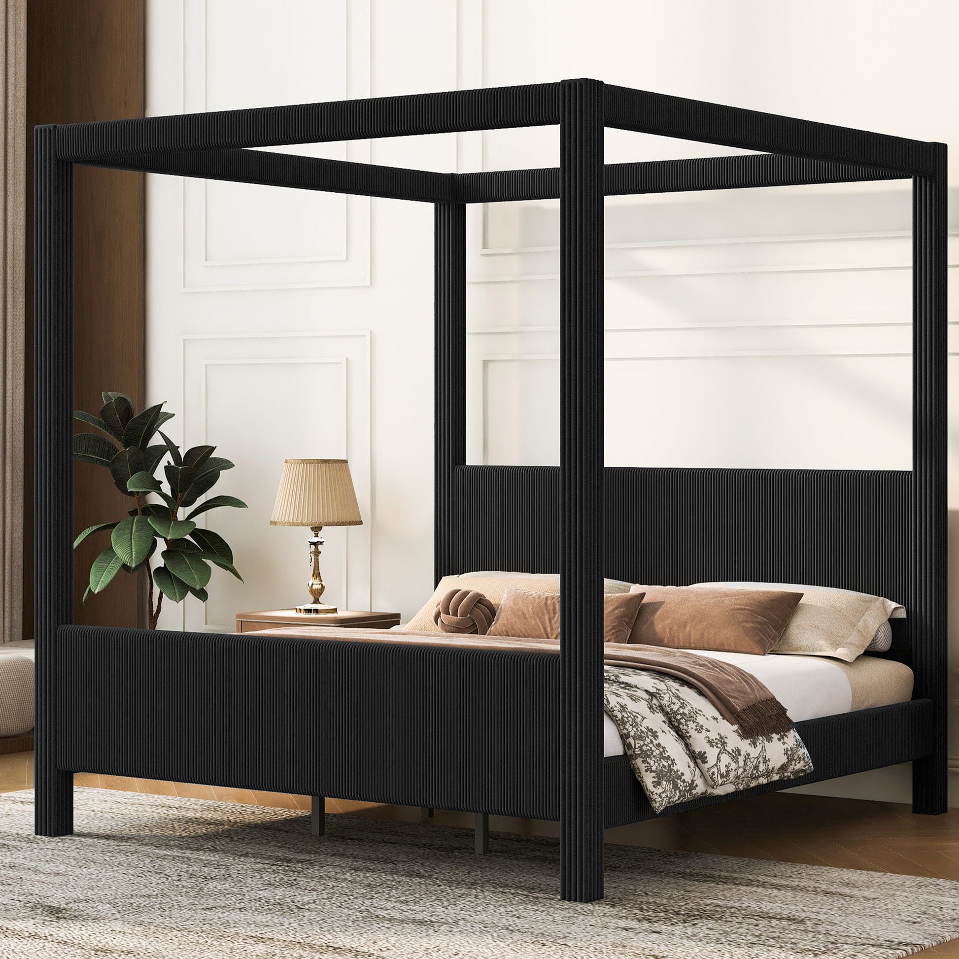 Upholstered Canopy Platform Bed With Headboard And Footboard, Vertical Ribbed Design
