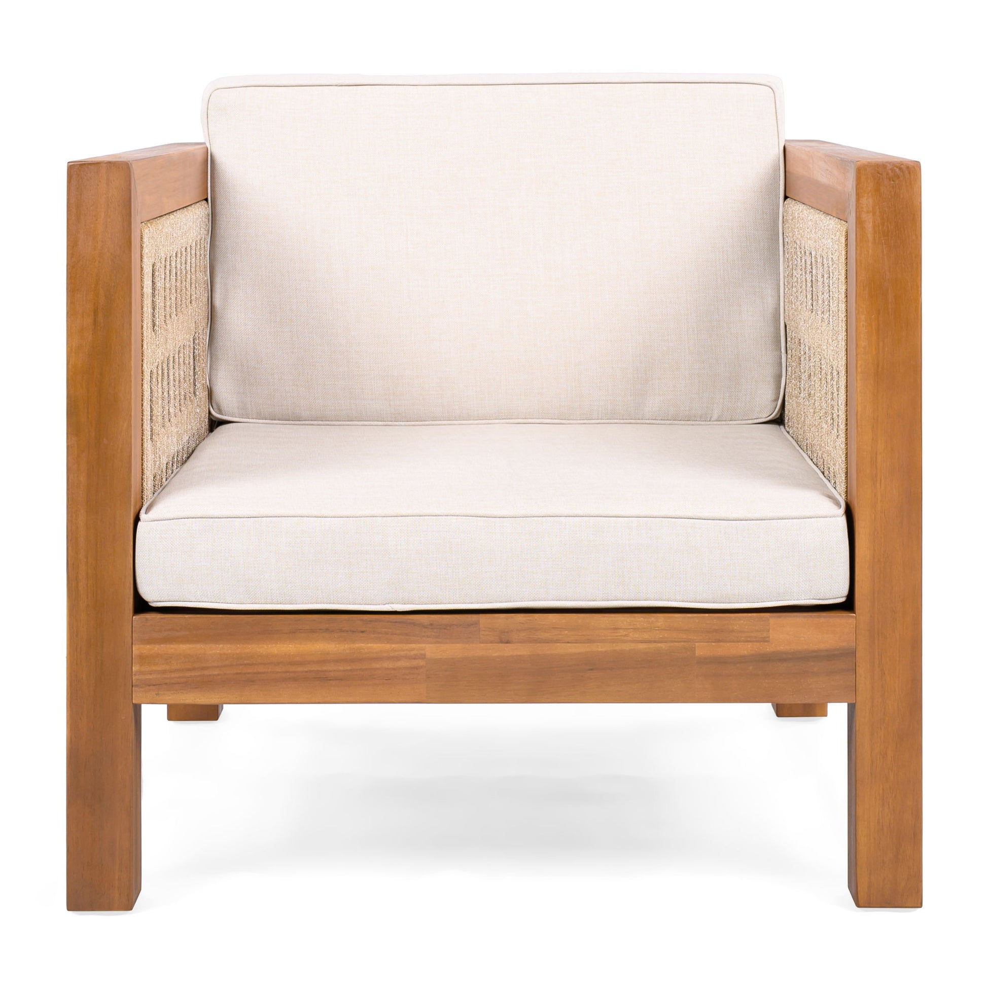 Outdoor Club Chair & Rope Arm And Cushions - Beige / Teak
