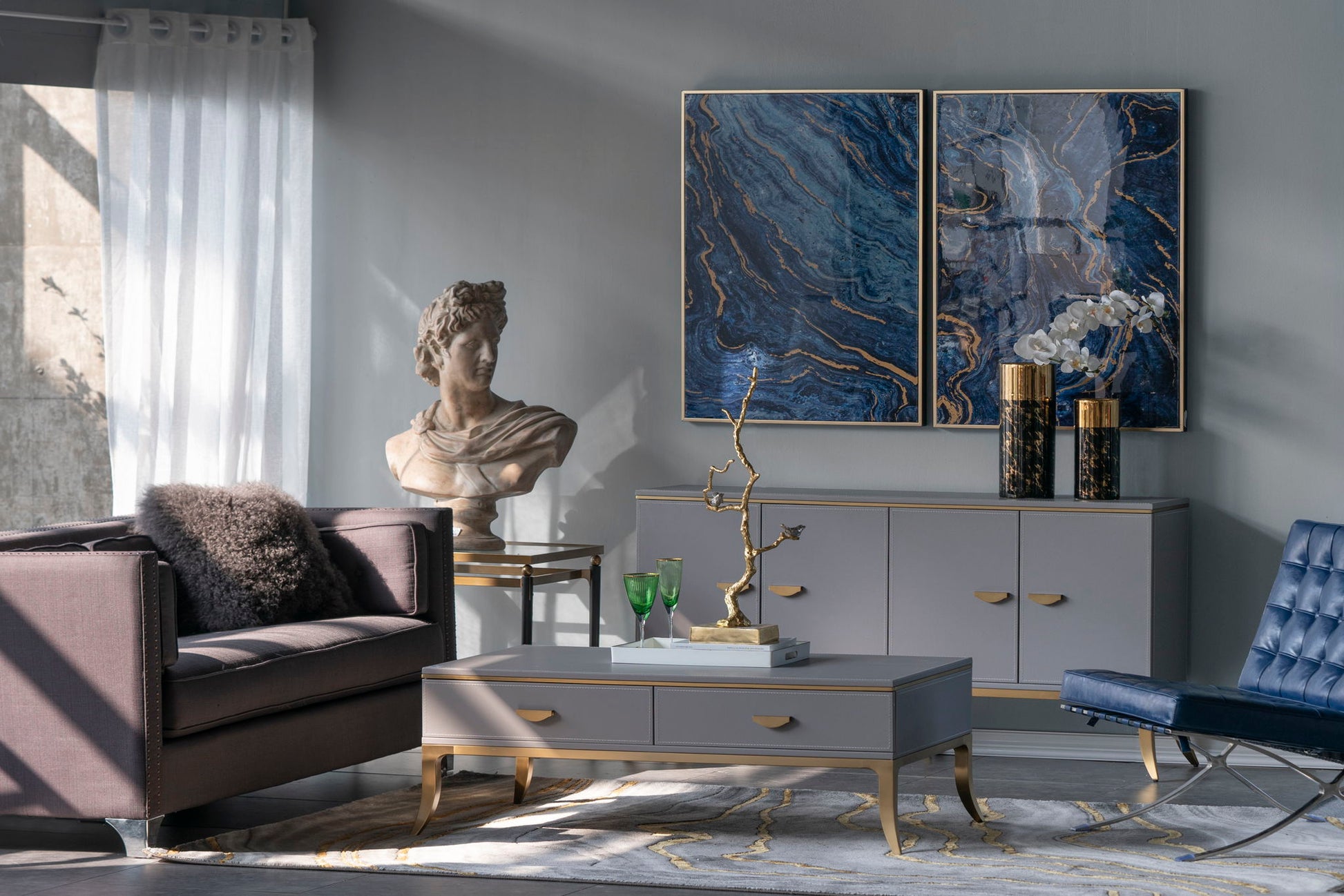 Framed Art Panels, Unique Marbled Design (Set of 2) - Blue