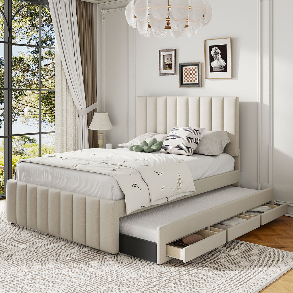 Upholstered Platform Bed With Twin Size Trundle And 3 Drawers